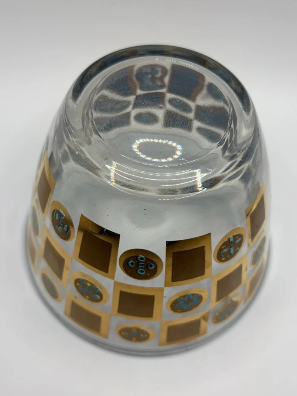 Vintage Mid Century Modern Gold Teal Checkered Glass Ice Bucket Serving Bowl